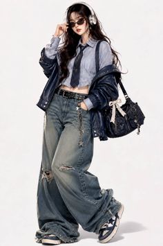 Woman in a crop top, ripped jeans, and leather jacket with headphones and sunglasses