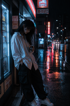 Person with long hair leaning against a vending machine on a rainy city street at night