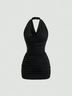 Black ruched mini dress with a halter neck and draped neckline