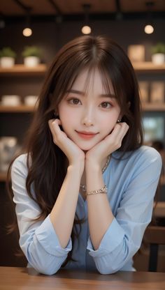Woman with long brown hair wearing a light blue shirt and jewelry, indoors