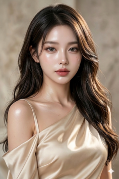 Woman with long hair wearing a satin off-shoulder dress