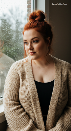 Woman with red hair in a bun wearing a knitted cardigan by a rainy window