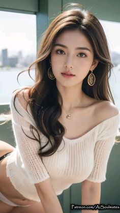Woman with long hair in a white off-shoulder sweater with a cityscape background