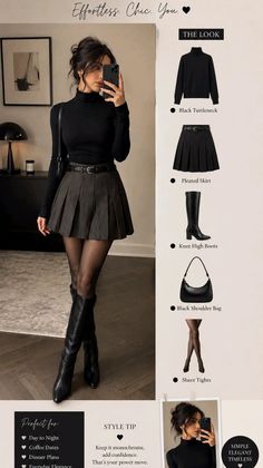 Woman in a black turtleneck and pleated skirt taking a mirror selfie