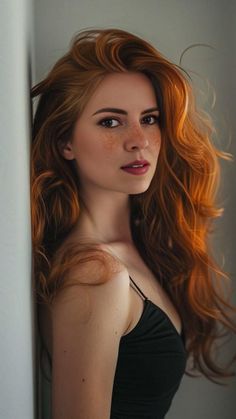 Woman with long red hair and freckles wearing a black top