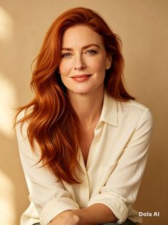 Woman with long red hair and a white shirt smiling at the camera