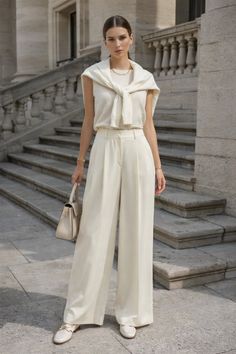 Woman in a cream outfit with a sweater tied over her shoulders, standing on stone stairs
