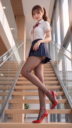 Woman in a school uniform and red heels posing on a wooden staircase