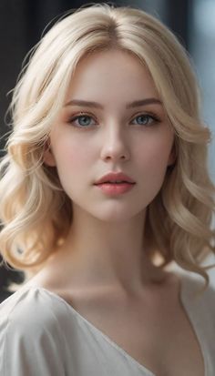 Close-up portrait of a young woman with blonde wavy hair and blue eyes
