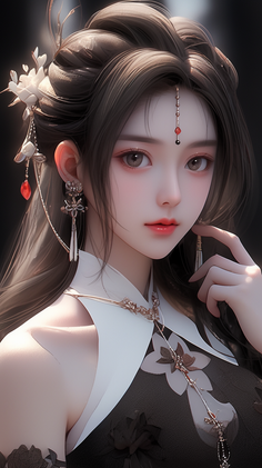Woman with elaborate hair and traditional clothing against a dark background