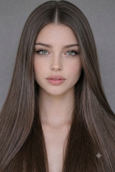 Close-up portrait of a woman with long brown hair and green eyes