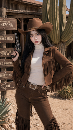 Woman in a cowboy hat and fringe jacket holding a revolver in a desert setting