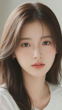 Close-up portrait of a woman with long brown hair and natural makeup