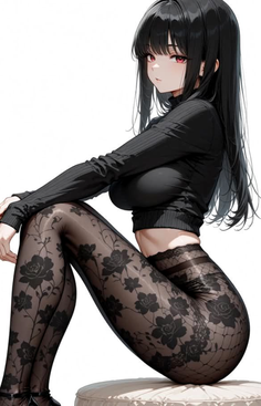Anime girl with long black hair wearing a black turtleneck and patterned tights