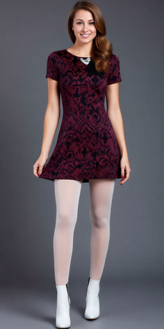 Woman in a short patterned dress, white tights, and white boots smiling at the camera
