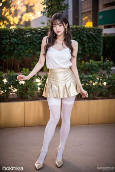 Woman in a gold pleated skirt and white top with thigh-high stockings outdoors