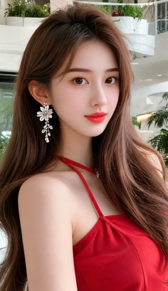 Woman with long brown hair and red dress wearing flower earrings