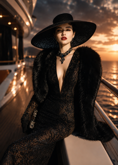 Woman in a black lace dress and fur coat on a yacht at sunset