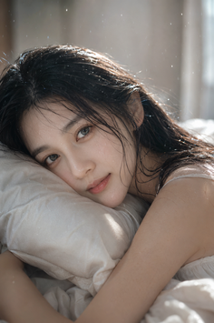 Woman with wet black hair lying on a pillow with water drops on her face