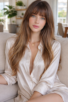 Woman with long hair and bangs wearing an open satin shirt and heart necklace