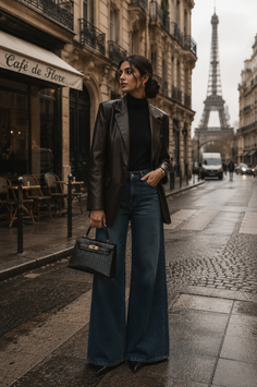 Woman in a leather blazer and wide leg jeans on a Parisian street with the Eiffel Tower