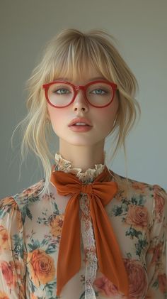 Blonde woman with red glasses and an orange bow on a floral blouse