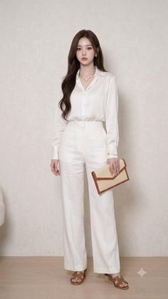 Woman with long hair wearing a white shirt and white pants, holding a clutch bag