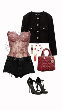 Fashion flat lay featuring a lace corset, denim shorts, and accessories
