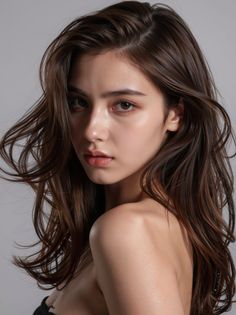Woman with long brown hair and bare shoulders in a studio portrait