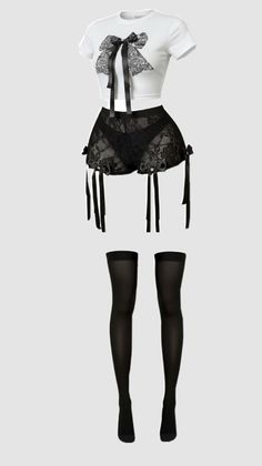 Lingerie set with a white crop top, black lace shorts, and thigh-high stockings