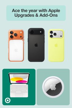 Apple products and accessories including iPhones, iPad, and AirTag