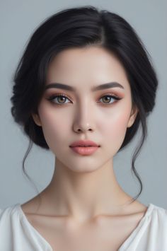Woman with black hair in an updo wearing a white top, looking directly at the viewer