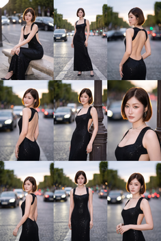 Woman in a black backless dress posing on a street at dusk