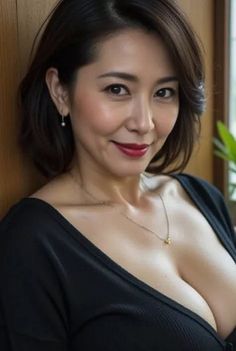 Woman with short hair and red lipstick wearing a black top with cleavage