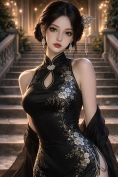 Woman in a black cheongsam with silver embroidery standing on stairs