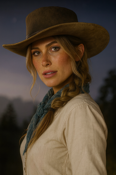 Woman with a cowboy hat and braided blonde hair looking at the camera