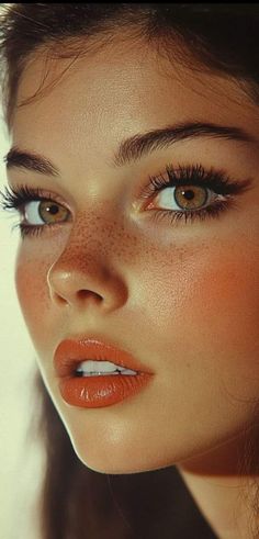 Close up portrait of a woman with freckles and red lipstick