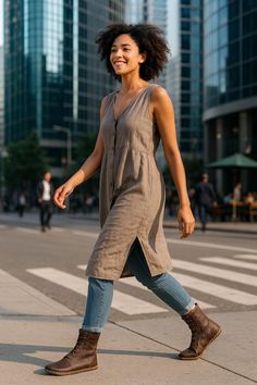 Woman with curly hair walking across a crosswalk in a city