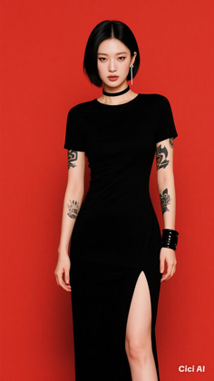 Woman in a black dress with a thigh-high slit and tattoos against a red background
