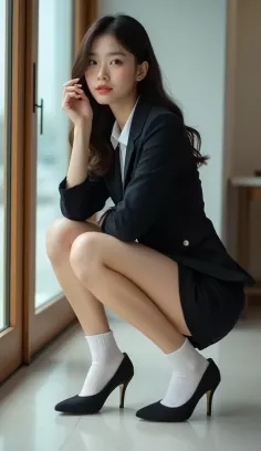 Woman in business attire and white socks with high heels squatting indoors