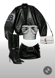 Fashion flat lay featuring a black leather jacket, mini skirt, and boots