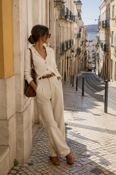 Woman in a collared shirt and wide leg pants leaning against a wall on a cobblestone street