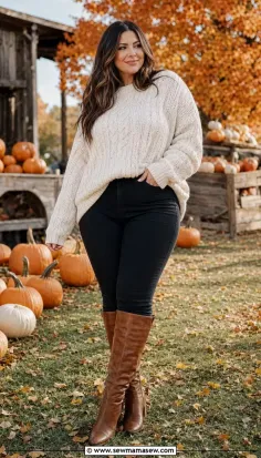 Woman in a cable knit sweater and black jeans standing among pumpkins and autumn leaves