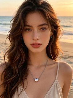 Woman with long brown hair on a beach at golden hour wearing a heart necklace
