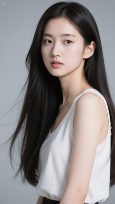 Woman with long black hair wearing a white top in a studio setting