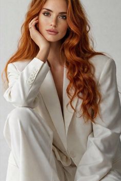 Woman with long red hair and freckles wearing a white suit in a studio setting