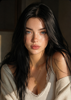 Woman with long black hair and blue eyes, wearing a white top with cleavage