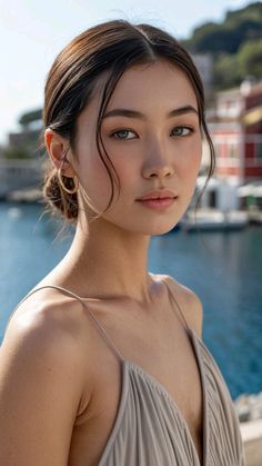 Woman with an updo and hoop earrings wearing a spaghetti strap dress by the water