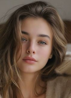 Close-up portrait of a woman with long brown hair and blue eyes