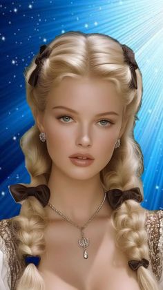 Blonde woman with braided pigtails and brown bows against a blue background